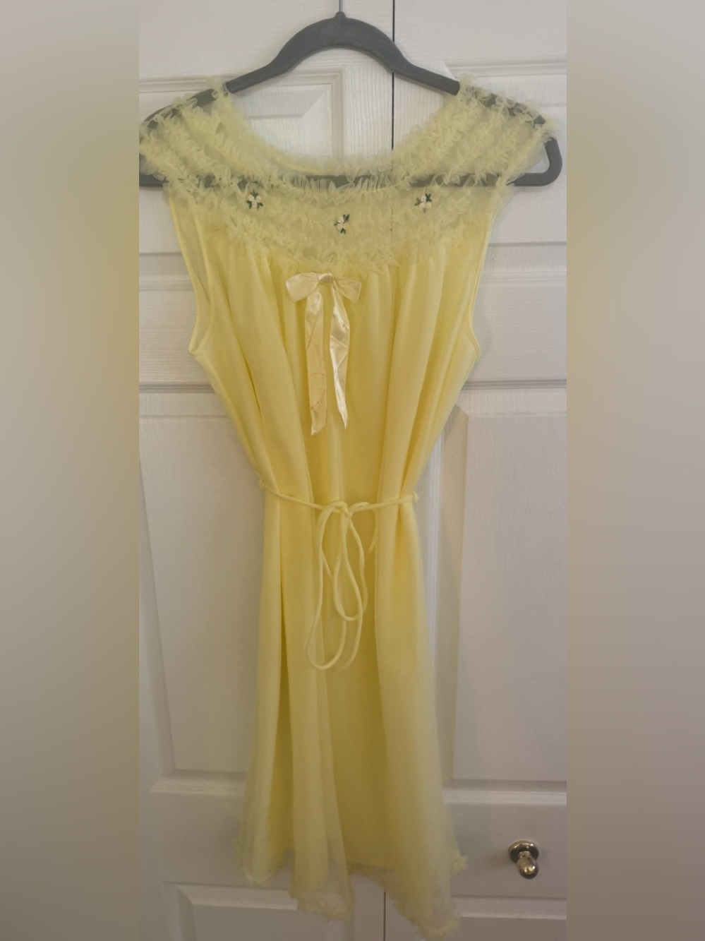 Vintage Yellow Chiffon Slip Dress with Lace Yoke